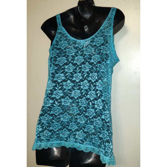 Vintage Y2K Turquoise Lace Tank Top Size 1X Camisole Stretchy Unlined Feminine - Picture 5 of 11